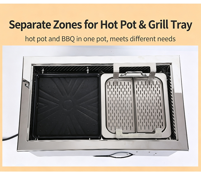 JHD‑650 automatic lifting bbq hot pot electric stove separate independent heating zones for grill tray and hot pot