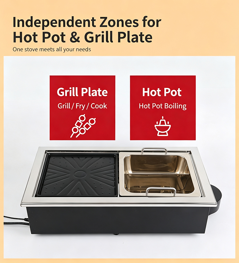 JHD‑650 commercial bbq hot pot electric stove independent dual heating zones grill plate and hot pot cooker