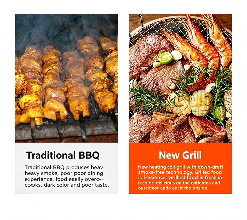 JHD‑670 traditional bbq vs new smokeless grill comparison chart, down‑draft smoke‑free commercial grill hotpot electric stove