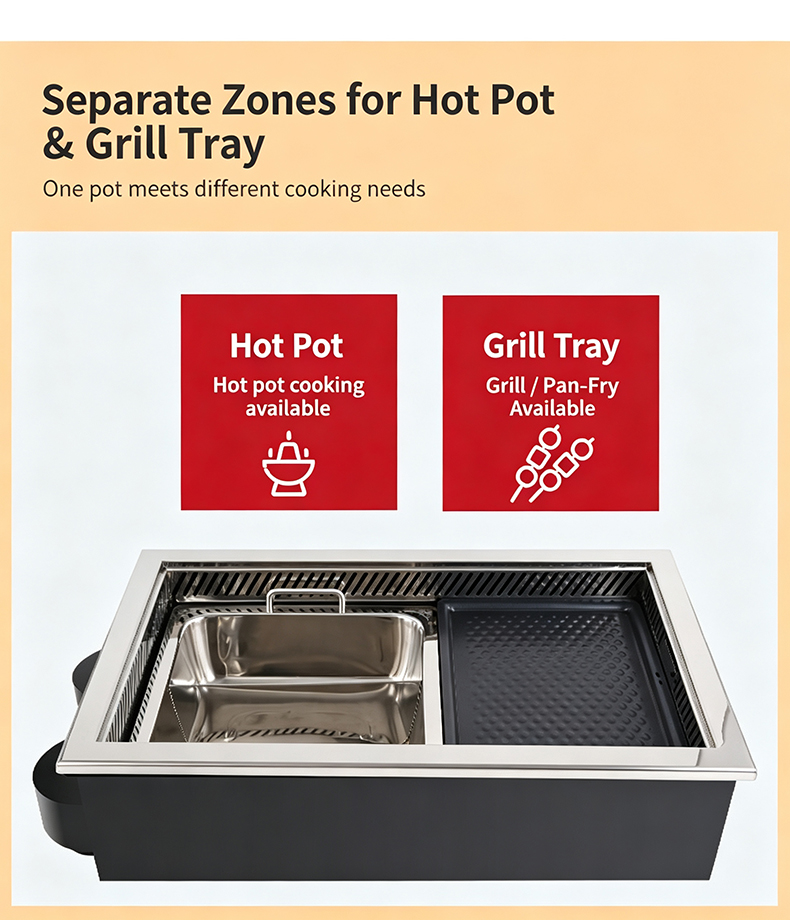 JHD‑710 commercial electric stove separate independent cooking zones for hot pot soup and non‑stick grill tray dual function design