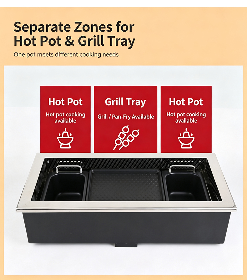 JHD‑720 commercial electric stove separate independent cooking zones for dual hot pot soup and middle grill tray dual‑function design