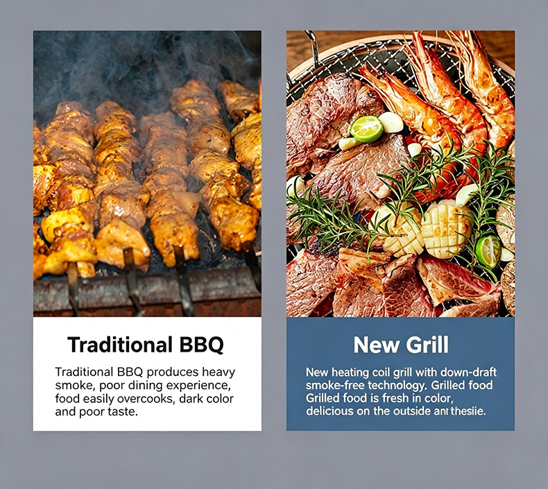 JHD‑760 smokeless electric grill comparison chart, heavy‑smoke traditional bbq versus down‑draft smoke‑free commercial grilling cooker