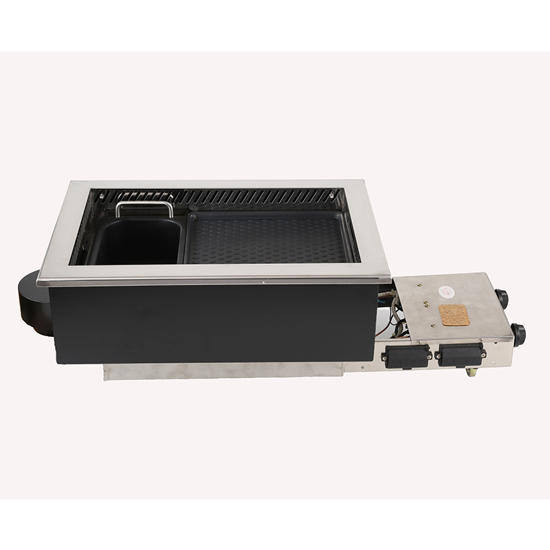 SZY‑540 Built‑in Lifting Gas BBQ Hot Pot Integrated Stove Side View, Commercial Restaurant Gas Roast Hotpot Cooker Unit