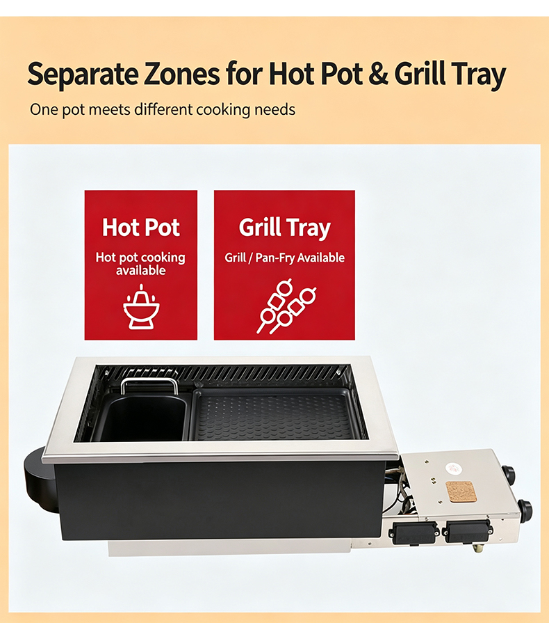 SZY‑540 gas all‑in‑one stove separate zones design, independent hot pot cavity and grill tray for different cooking needs
