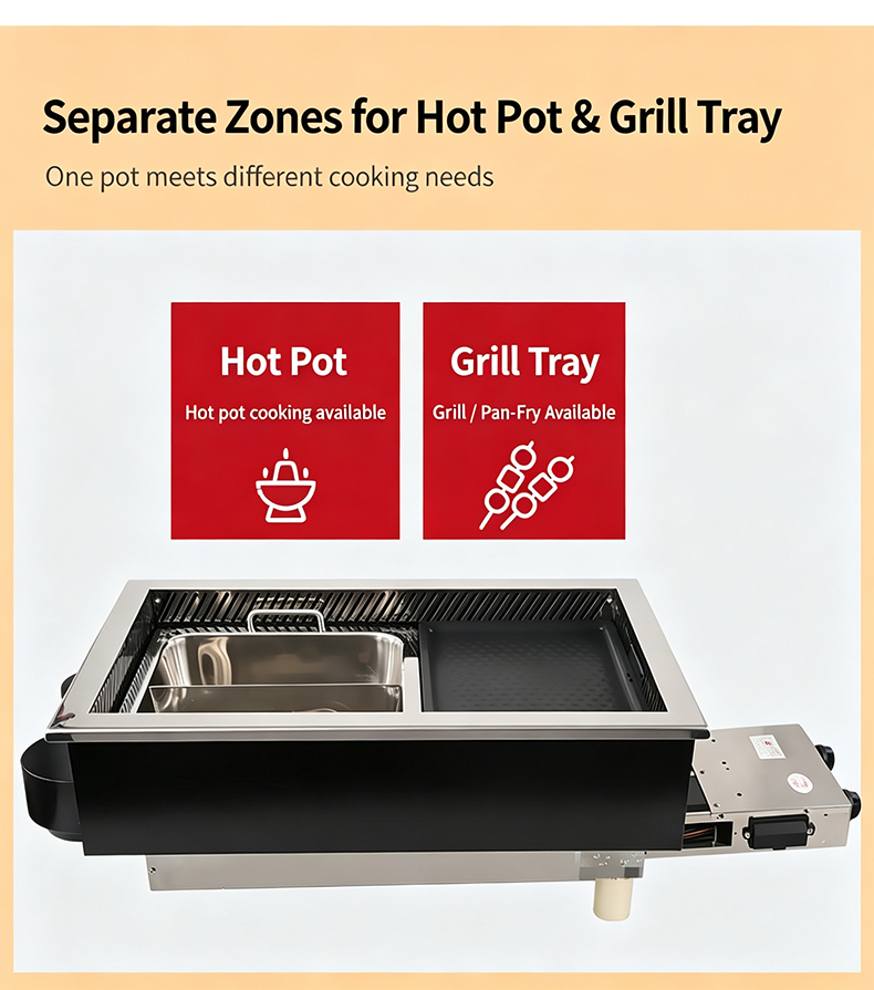 SZY‑710 gas hot pot grill separate cooking zones, independent hot pot tank and grill tray for different food cooking demands