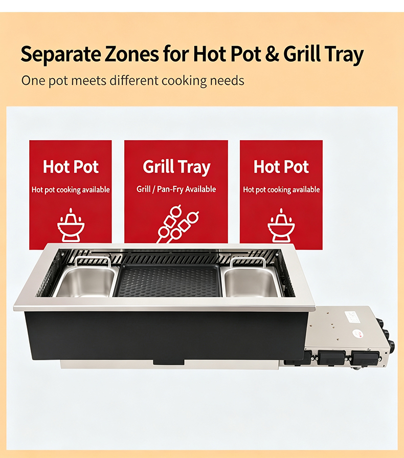 SZY‑720 gas hot pot grill all‑in‑one stove separate cooking zones dual hot pot and middle grill tray for commercial use