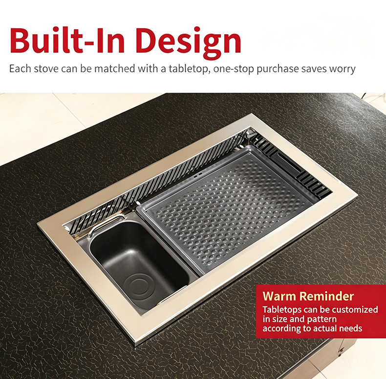 JHD‑630 Built‑in Design Grill Hot Pot Stove Installed On Marble Tabletop, Customizable Tabletop For Commercial Hotpot Restaurant