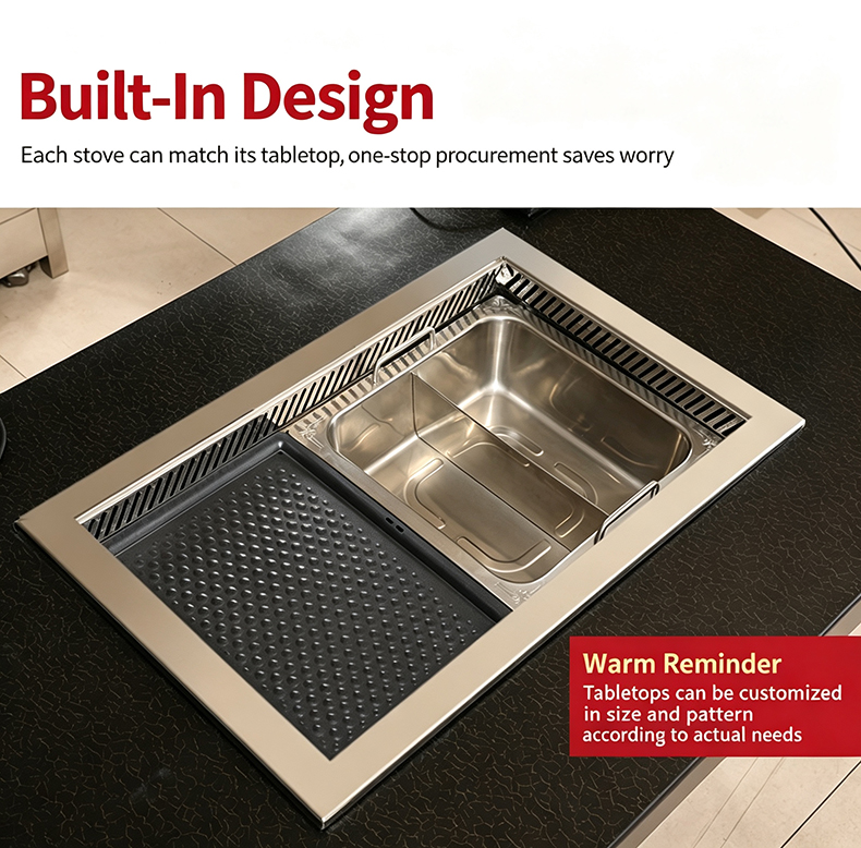 JHD‑710 built‑in embedded bbq hot pot electric stove real installation effect mounted on black restaurant tabletop