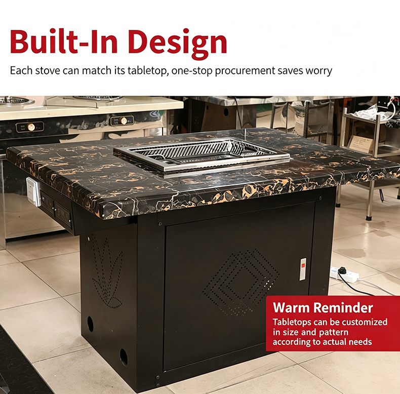 JHD‑720 built‑in embedded bbq hot pot electric stove real installation effect mounted on custom marble restaurant dining tabletop