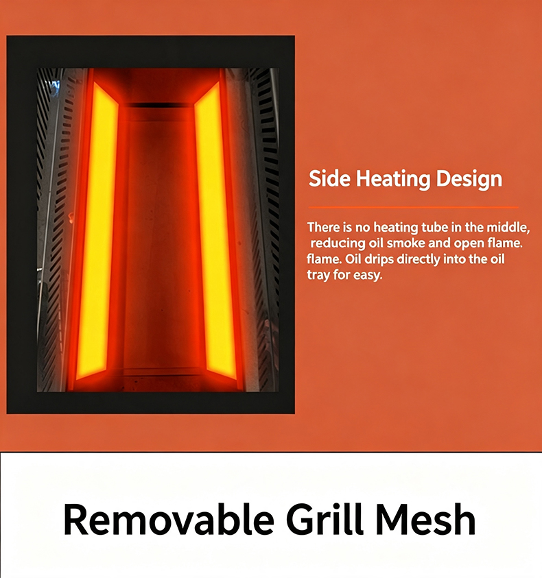 JHD-430 electric grill side heating design with removable grill mesh, no open flame reduces oil smoke for commercial catering