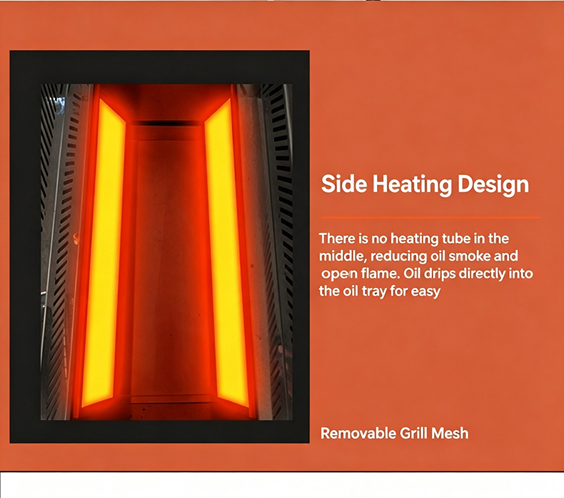 JHD‑510 commercial electric grill side heating design, no middle heating tube, reduce oil smoke with removable grill mesh