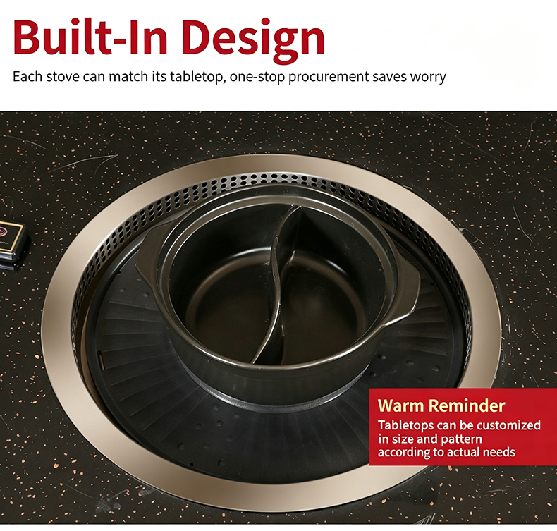 JHD‑530 built‑in design electric ceramic stove installed on tabletop with divided dual‑flavor hot pot