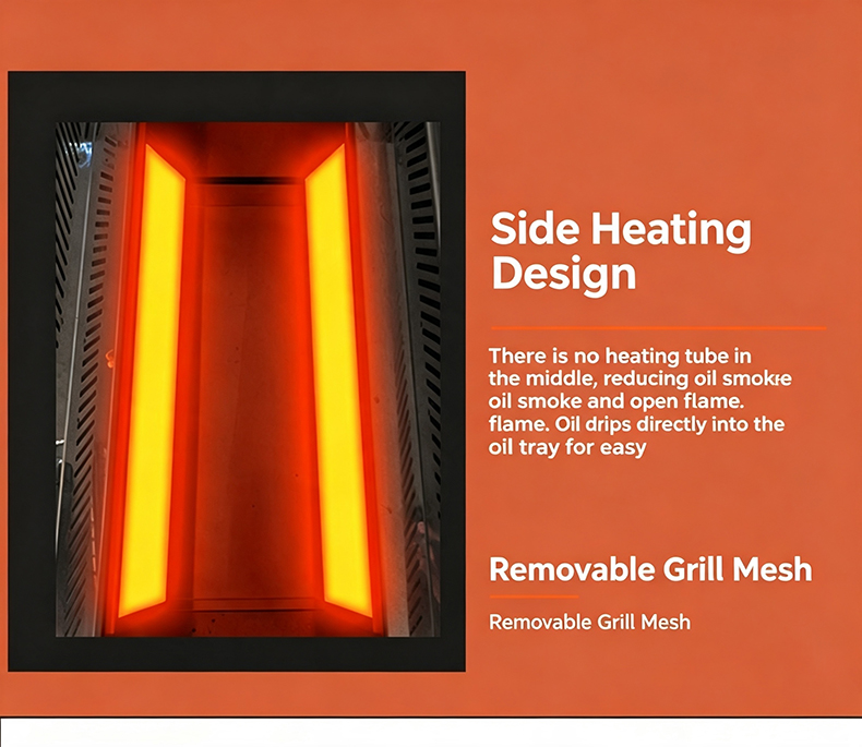 JHD-660 electric grill side heating design, no middle heating tube, reduces oil smoke and open flame, with removable grill mesh for easy cleaning