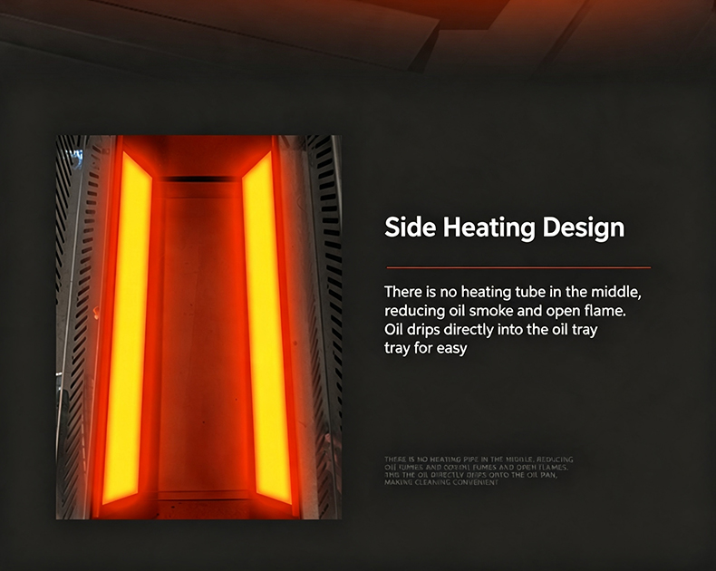 JHD‑670 side heating design internal structure shot, no middle heating tube reduce oil smoke easy‑to‑clean commercial grill hotpot unit