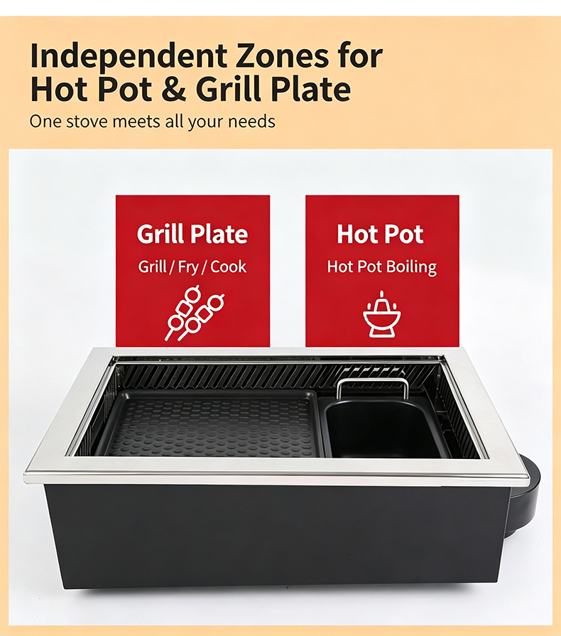JHD‑540 commercial bbq hot pot electric stove independent zones for grill plate and hot pot one unit dual‑use