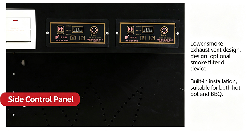 JHD‑650 automatic lifting bbq hot pot stove side dual digital control panel, downward smoke exhaust optional smoke filter device