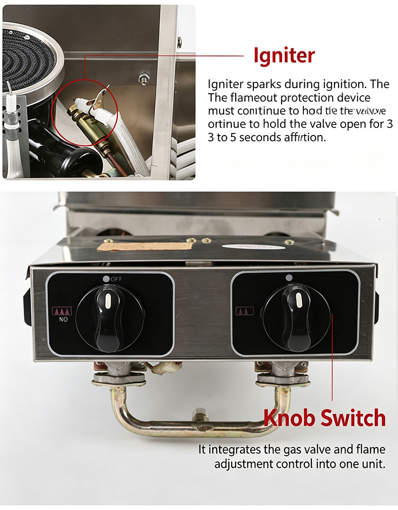 SZY‑540 gas grill hot‑pot stove igniter and knob switch close‑up, integrated gas valve flame adjustment control module