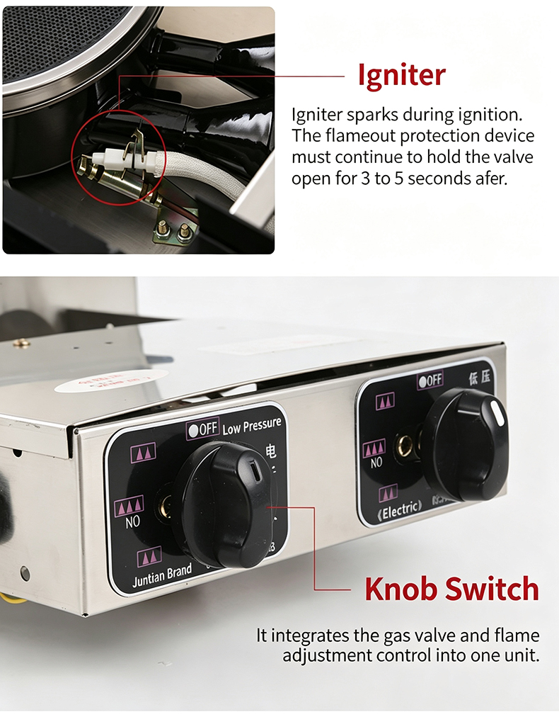 SZY‑710 gas hotpot grill stove igniter and knob switch close‑up, integrated gas valve flame adjustment control panel
