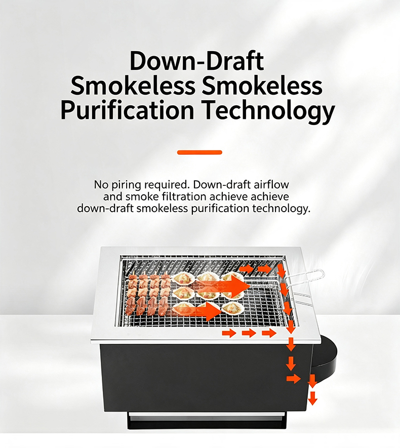 JHD-480B down-draft smokeless purification technology electric grill, built-in restaurant BBQ equipment no piping needed
