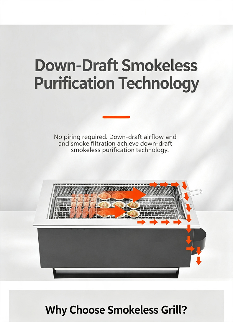 JHD-620 down-draft smokeless purification technology electric grill, built-in restaurant BBQ equipment no piping needed