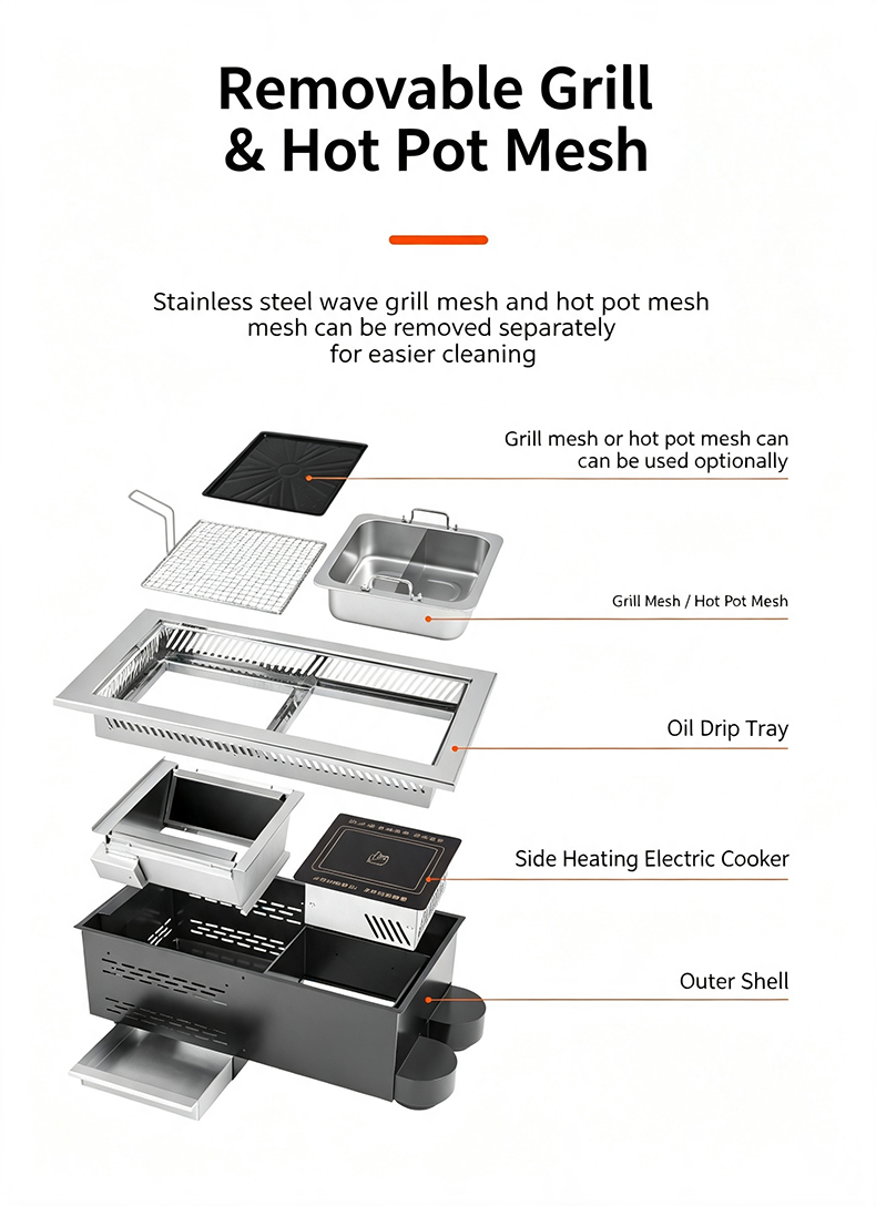 JHD‑670 removable grill and hot pot mesh exploded‑view diagram, detachable stainless steel accessories easy cleaning commercial bbq hotpot cooker