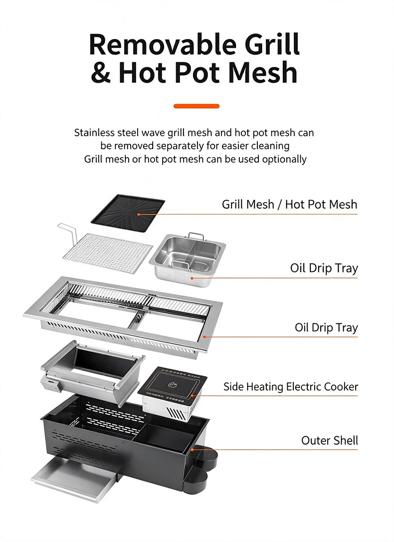 JHD‑760 removable grill hot pot mesh exploded view, stainless steel spare parts oil drip tray disassembly diagram commercial cooker