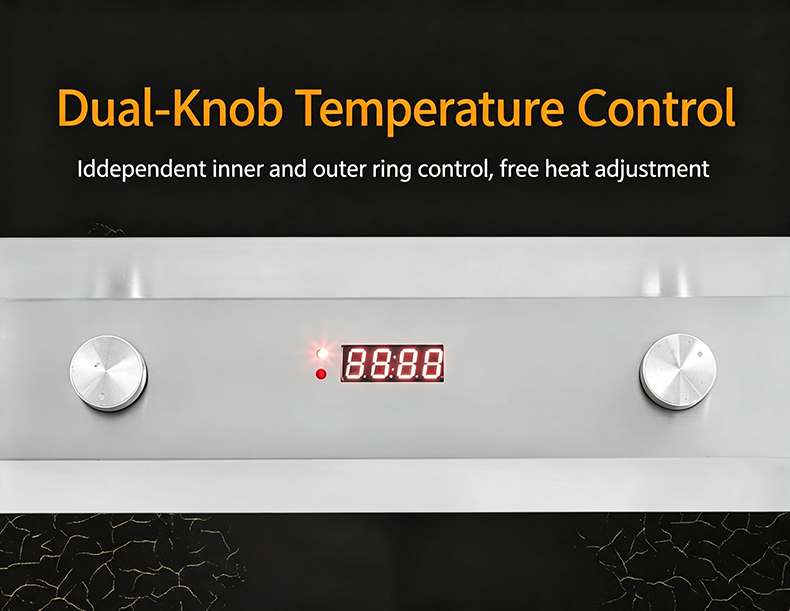 JHD‑400 dual‑knob temperature control panel close‑up, independent inner outer ring heat adjustment for commercial ceramic cooker