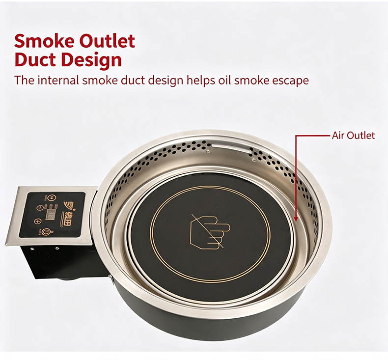 JHD-420D built-in commercial electric stove with internal smoke outlet duct design, guides oil fume to exhaust through air outlet for cleaner dining environment in restaurants