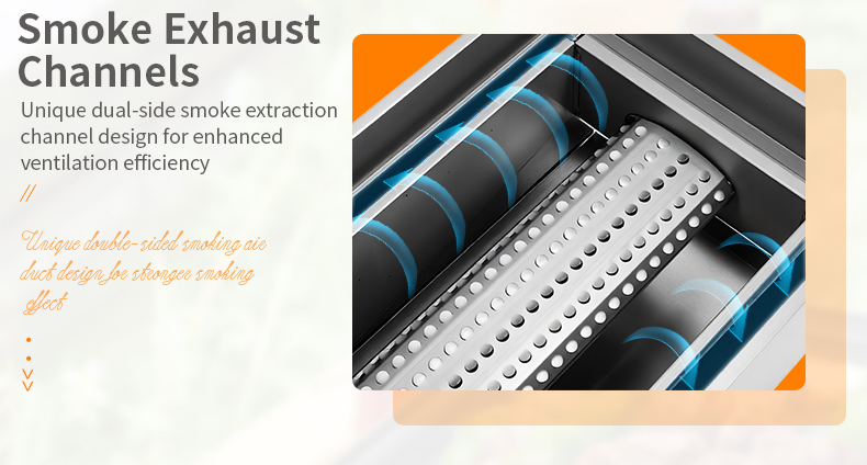 SZY-455 commercial gas grill with unique dual-side smoke extraction channel design, enhanced ventilation efficiency for better oil fume removal in restaurant catering
