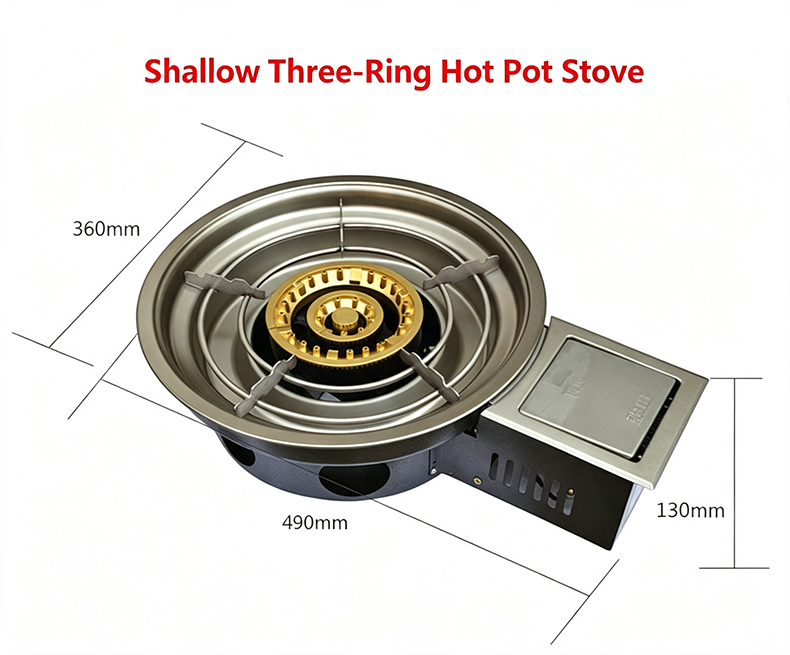 SZY‑360E shallow three‑ring korean gas hot pot stove dimension drawing for restaurant catering equipment