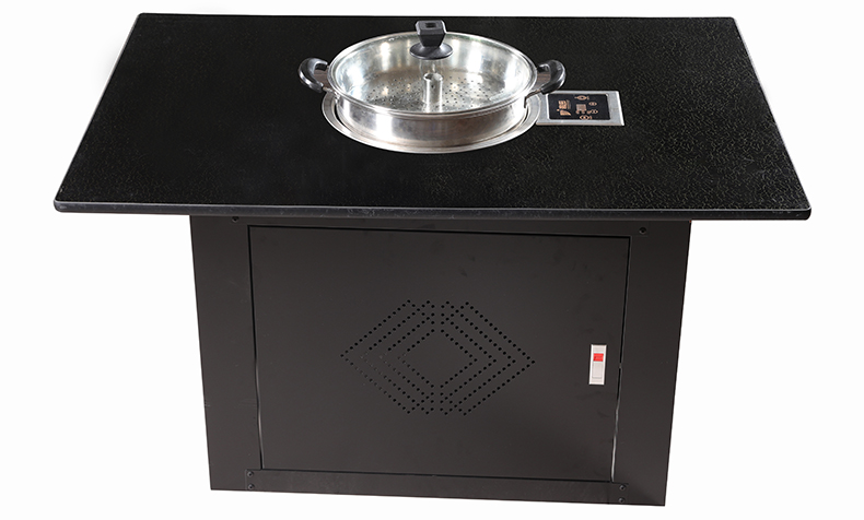JHD-360B built-in electric stove installed on black square dining table with stainless steel steamer pot, commercial restaurant hot pot table set for catering use