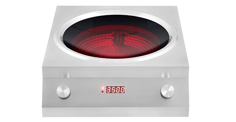 JHD‑400 square concave electric ceramic cooker front close‑up view dual knob control digital display commercial cooktop