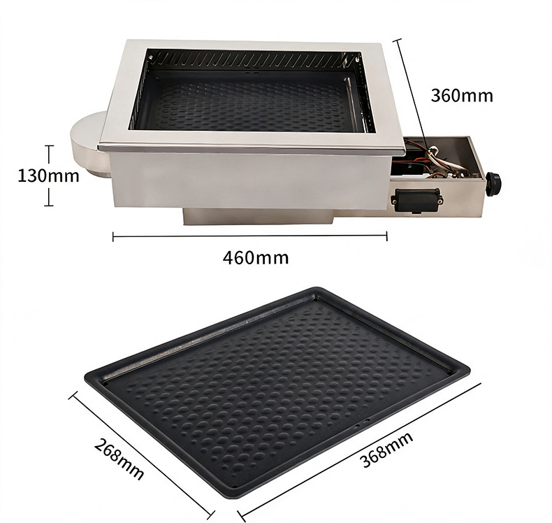 SZY-460 built-in gas grill product dimensions diagram, overall size 460360130mm with 368*268mm grill plate, size reference for commercial tabletop cut-out installation