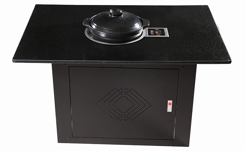 JHD-360B recessed electric stove with black clay stew pot on black stone tabletop, commercial dining table for Chinese style stew and hot pot restaurant