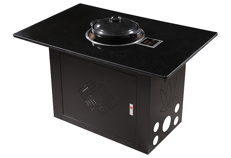 JHD-420D built-in electric ceramic stove installed on black square dining table with black clay stew pot, commercial hot pot table for Chinese style restaurant catering