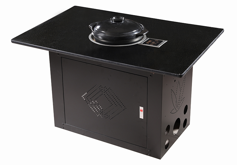 JHD-360B Side view of built-in electric hot pot table with side vent holes, under-table cabinet with diamond ventilation design for commercial catering