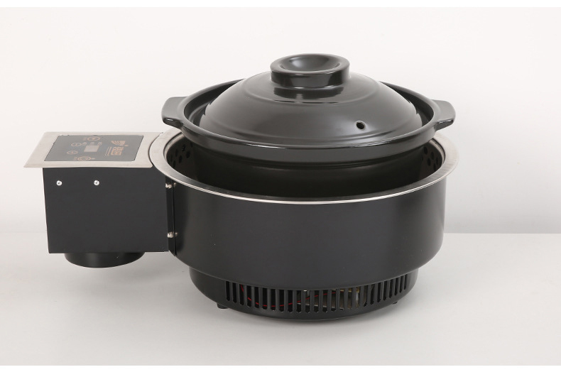 JHD-360B Side view of commercial electric stove with black clay pot, side-mounted touch control panel, suitable for built-in and countertop use