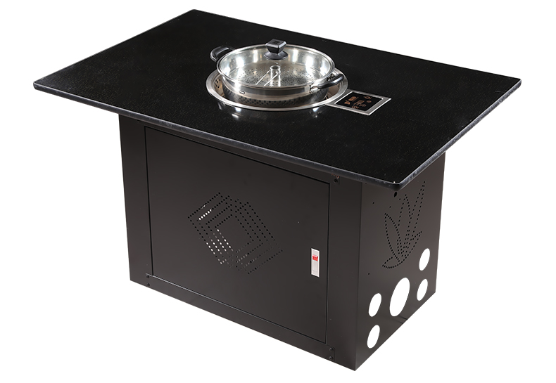 JHD-420D Angled view of built-in electric hot pot and steamer table with black stone tabletop, commercial grade catering equipment for restaurant use
