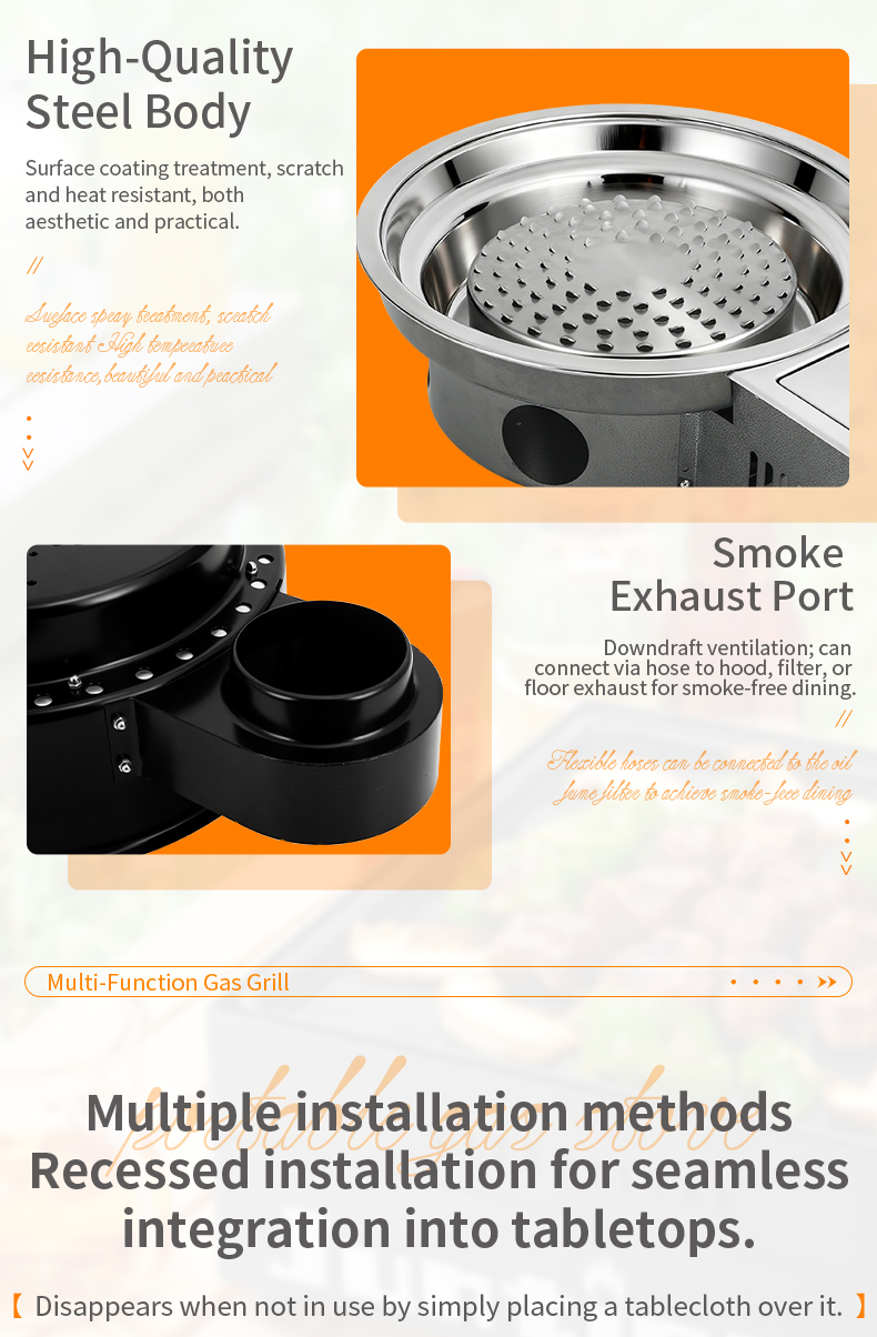 SZY‑360B gas grill high quality steel body with smoke exhaust port, recessed installation for restaurant tabletop