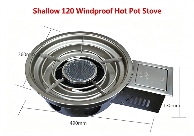 SZY‑360E shallow 120 windproof korean gas hot pot stove dimension drawing for hotpot restaurant