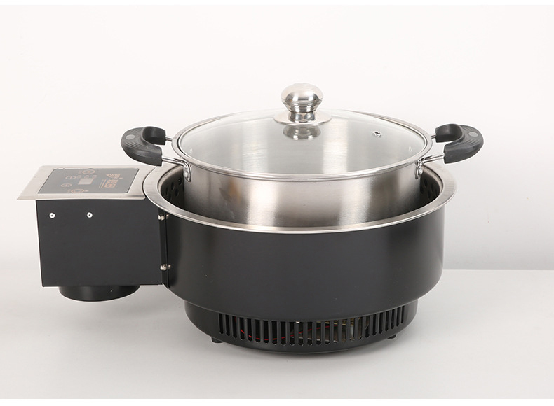JHD-360B Side view of touch control electric stove with stainless steel hot pot and glass lid, multi-function commercial cooker for restaurant catering