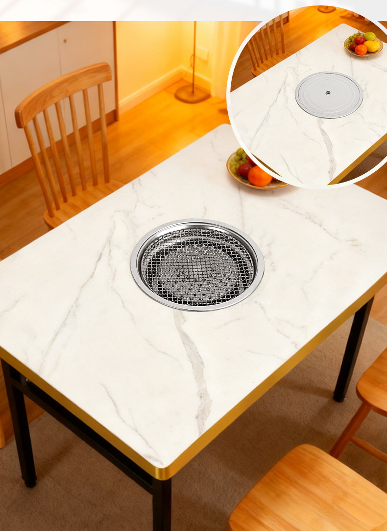 SZY‑360B gas grill recessed installation effect, built‑in commercial barbecue stove on marble dining table
