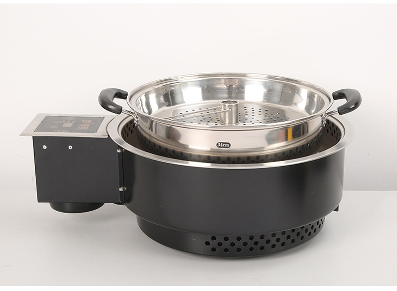 JHD-420D Side view of JHD-420D touch control electric stove with full stainless steel steamer pot assembly, complete set for steam cooking and hot pot in commercial kitchens