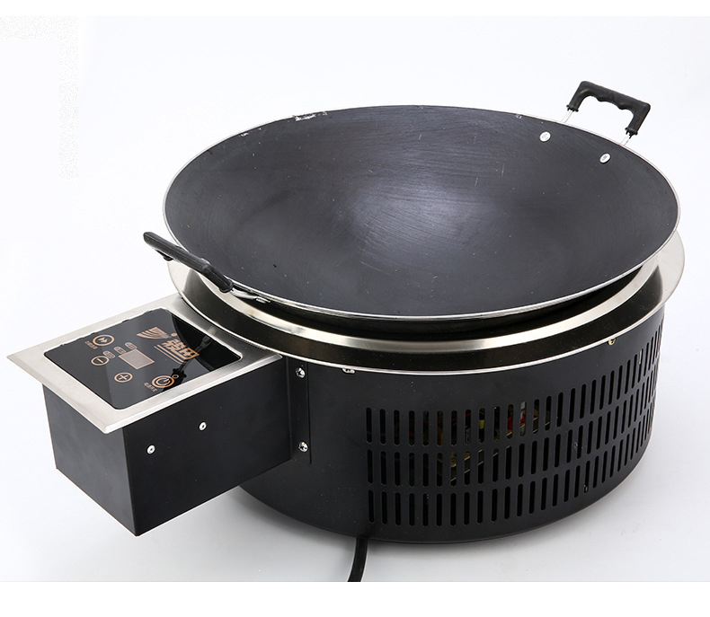 JHD‑420E commercial concave electric ceramic cooker with large double‑handle iron wok pan