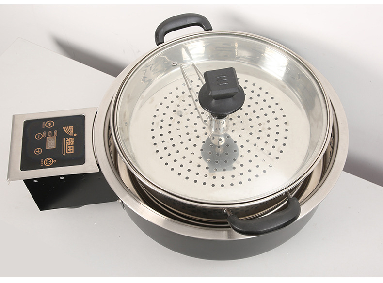 JHD-420D Top view of electric stove with steamer pot and glass lid, side-mounted touch control panel for easy operation in commercial catering scenarios