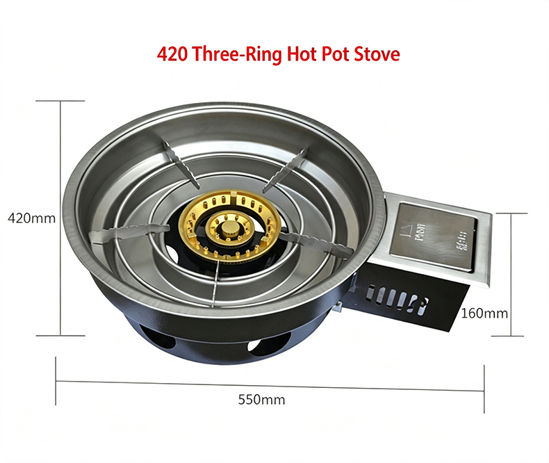 SZY‑360E 420 three‑ring korean gas hot pot stove dimension image for catering business