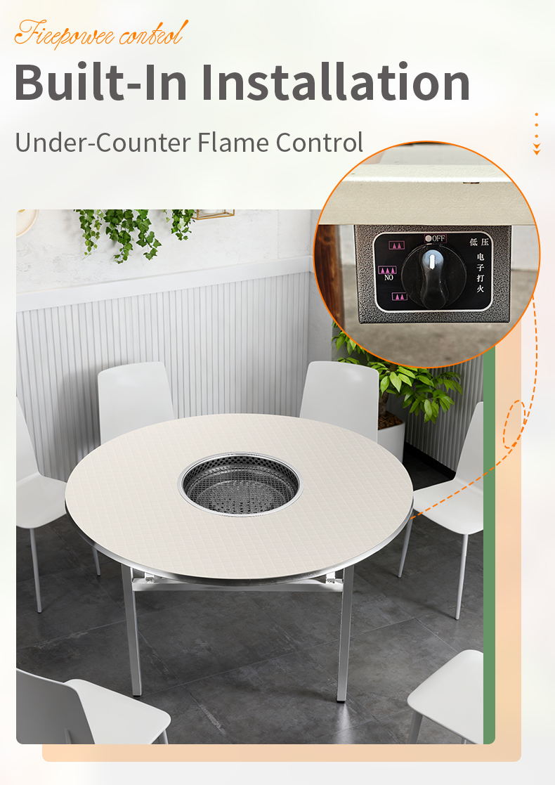 SZY-420C built-in gas grill with under-counter flame control knob, recessed installation for clean commercial tabletop appearance