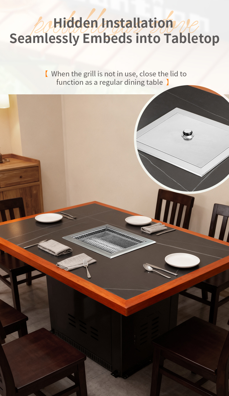 SZY-455 recessed hidden installation gas grill, seamlessly embeds into tabletop and converts to a regular dining table with lid when not in use for commercial restaurants