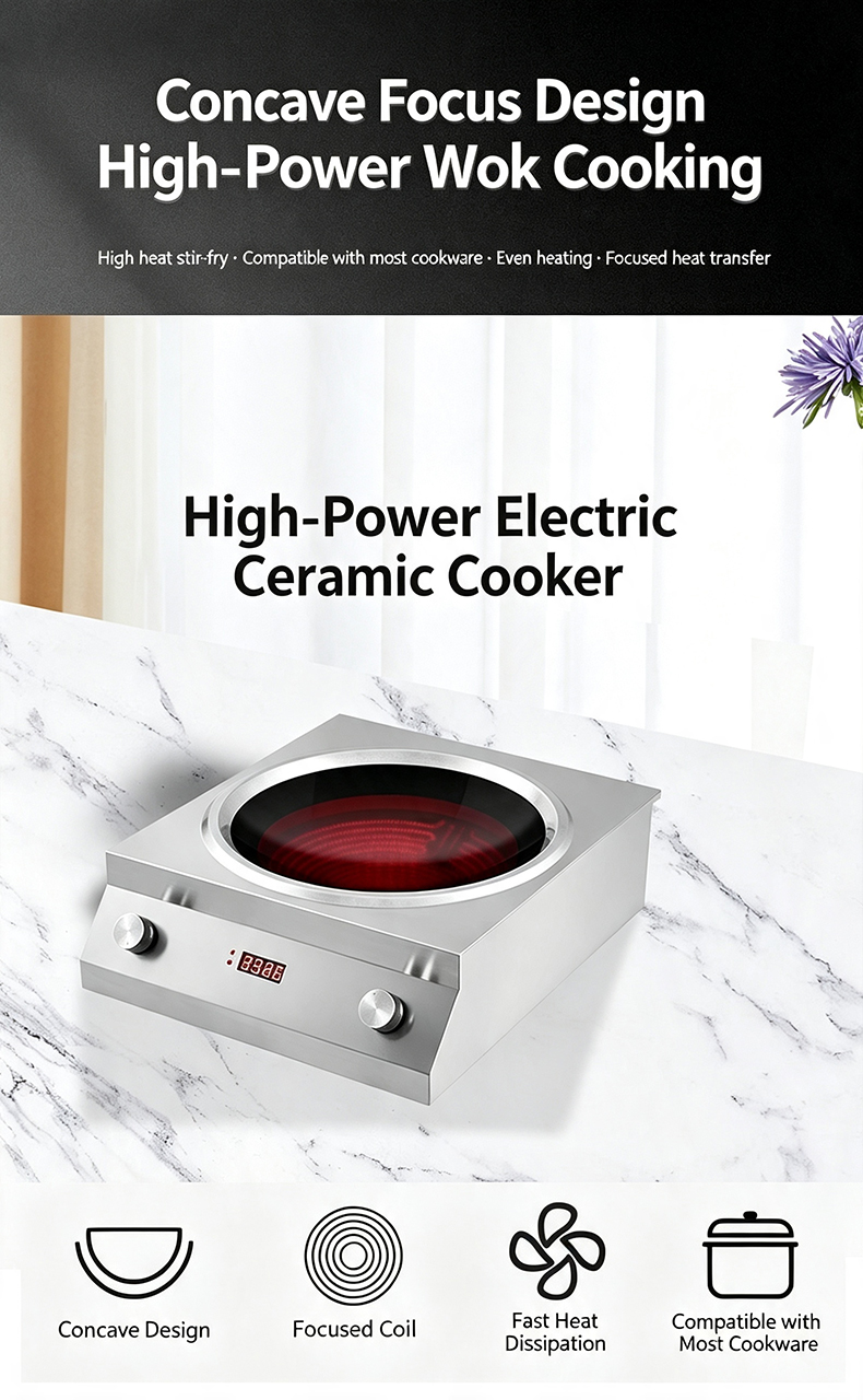 JHD‑400 square concave heating plate knob control ceramic cooker, high power wok cooking commercial catering equipment poster