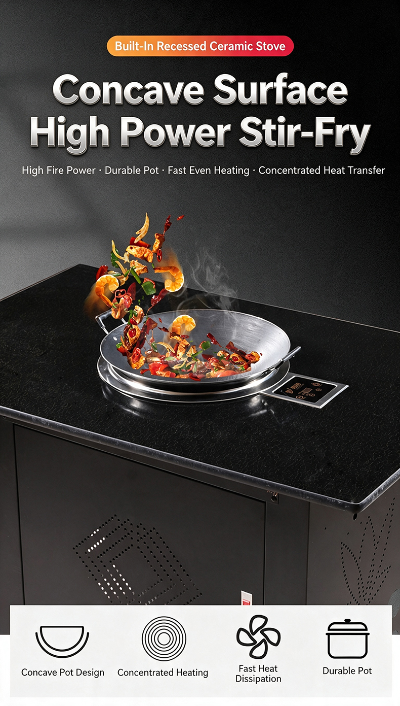 JHD-420E built-in recessed ceramic stove with concave heating surface, 3500W high power for commercial stir-fry, features concentrated heat transfer, fast even heating and durable pot compatibility for restaurant kitchens